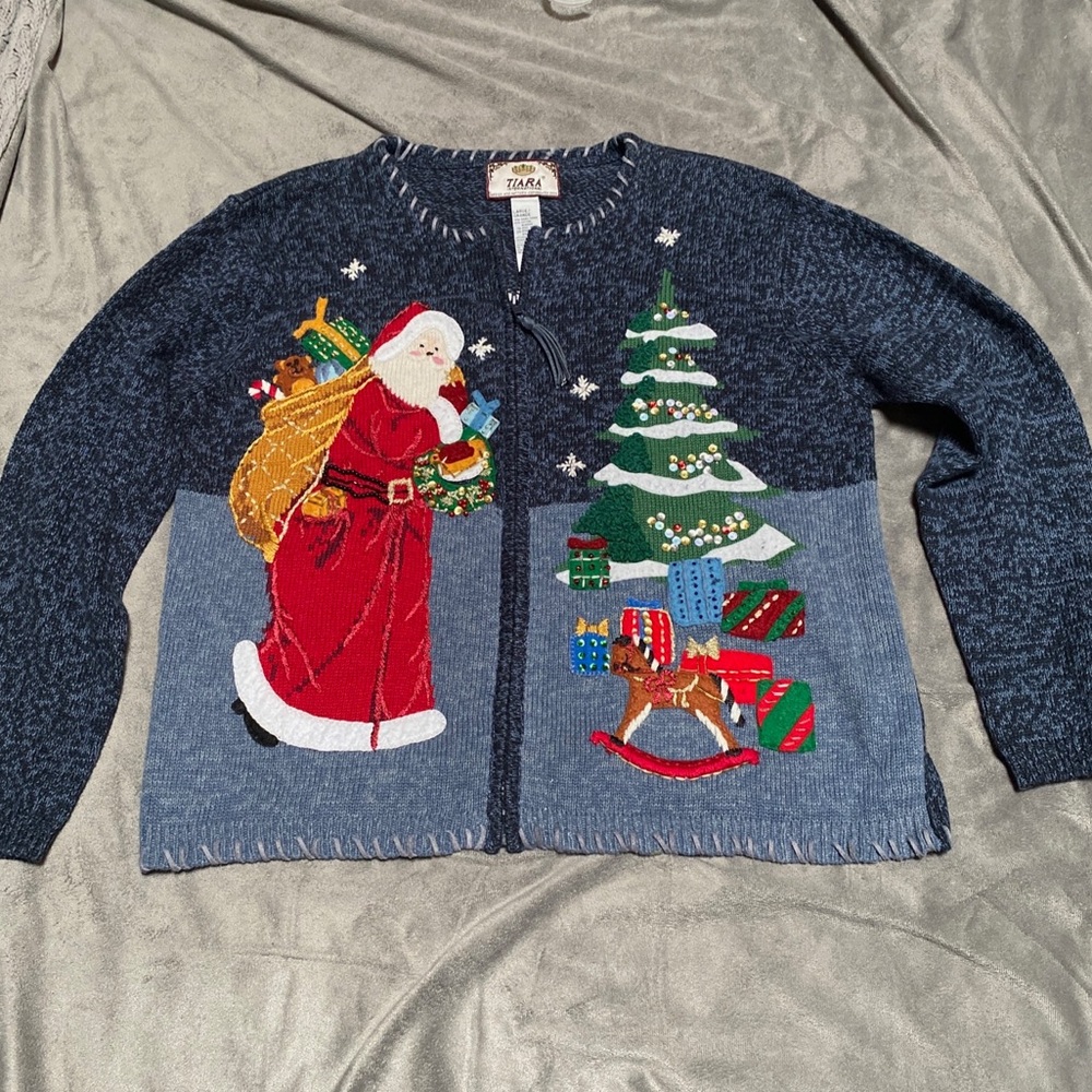 Tiara Int Vintage Cute/Ugly Christmas Sweater Zip-Up Santa Clause Festive WARM